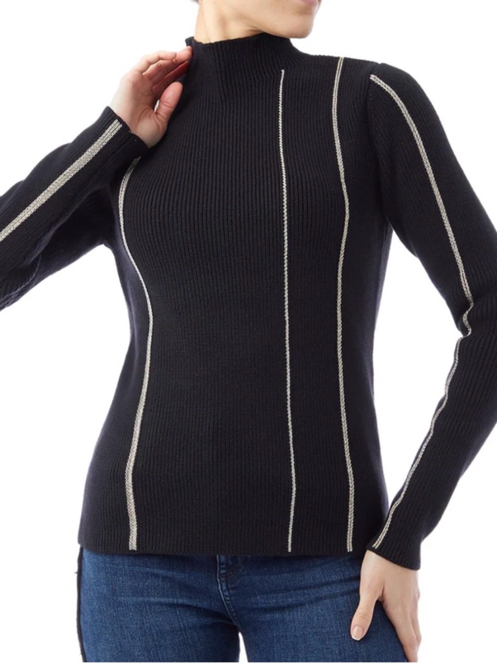 Reiss Black Ribbed Mock Neck Sweater with Silver Contrast Piping